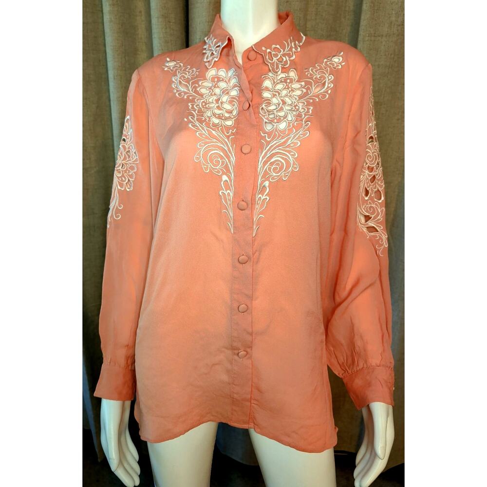 VTG 80s Silk Bob Mackie Salmon Pink Long Sleeve Button Up Blouse Cut Outs Size L